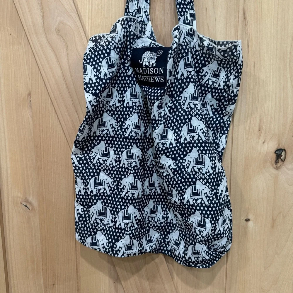 Madison Mathews Elephant Packable Tote Boho Bag Cloth Shoulder Bag Blue White